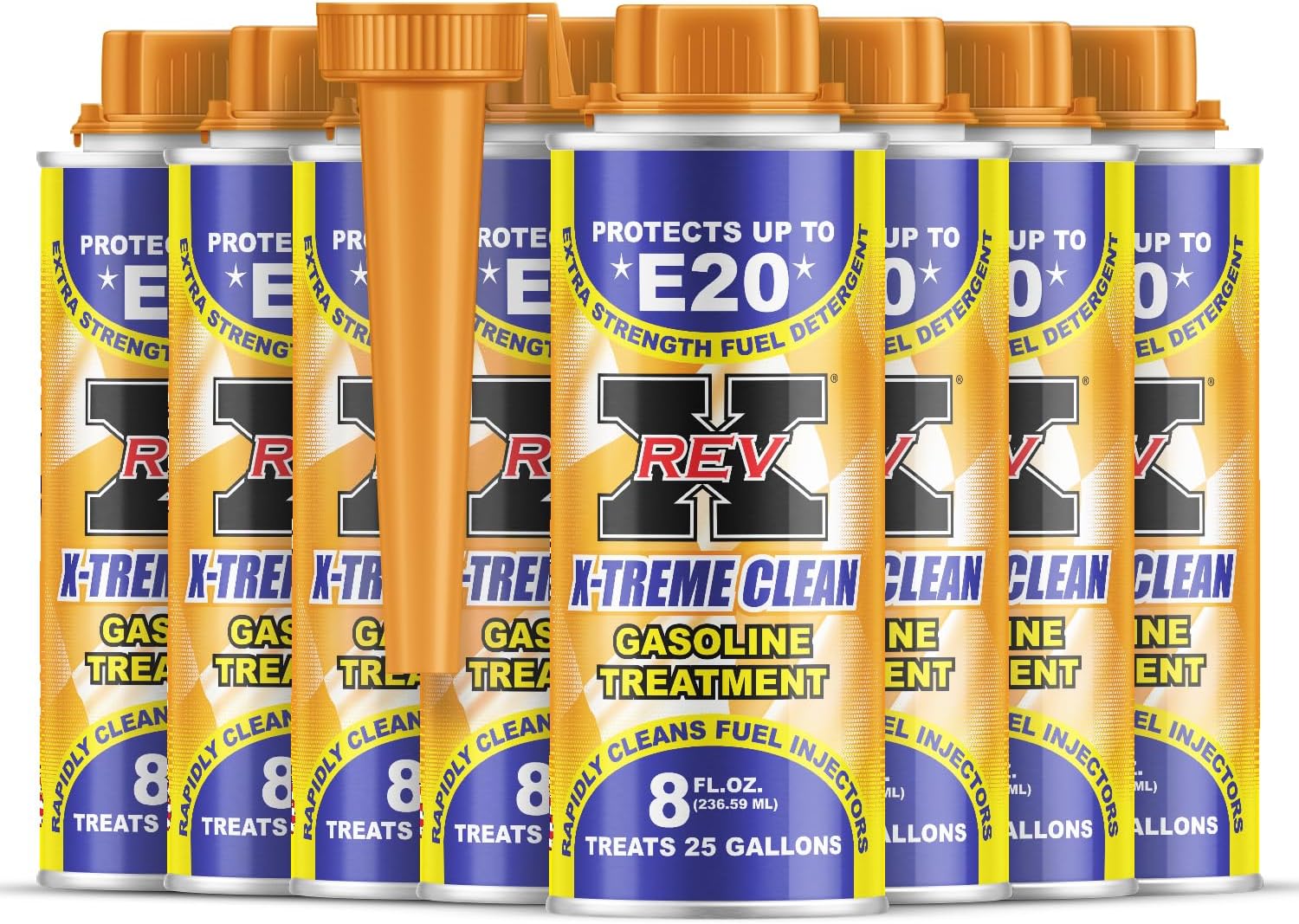 REV X Xtreme Clean Gasoline Fuel Additive (8 Pack) - Extra Strength Fuel System and Injector Cleaner - 8 fl. oz. (Treats 200 Gallons)