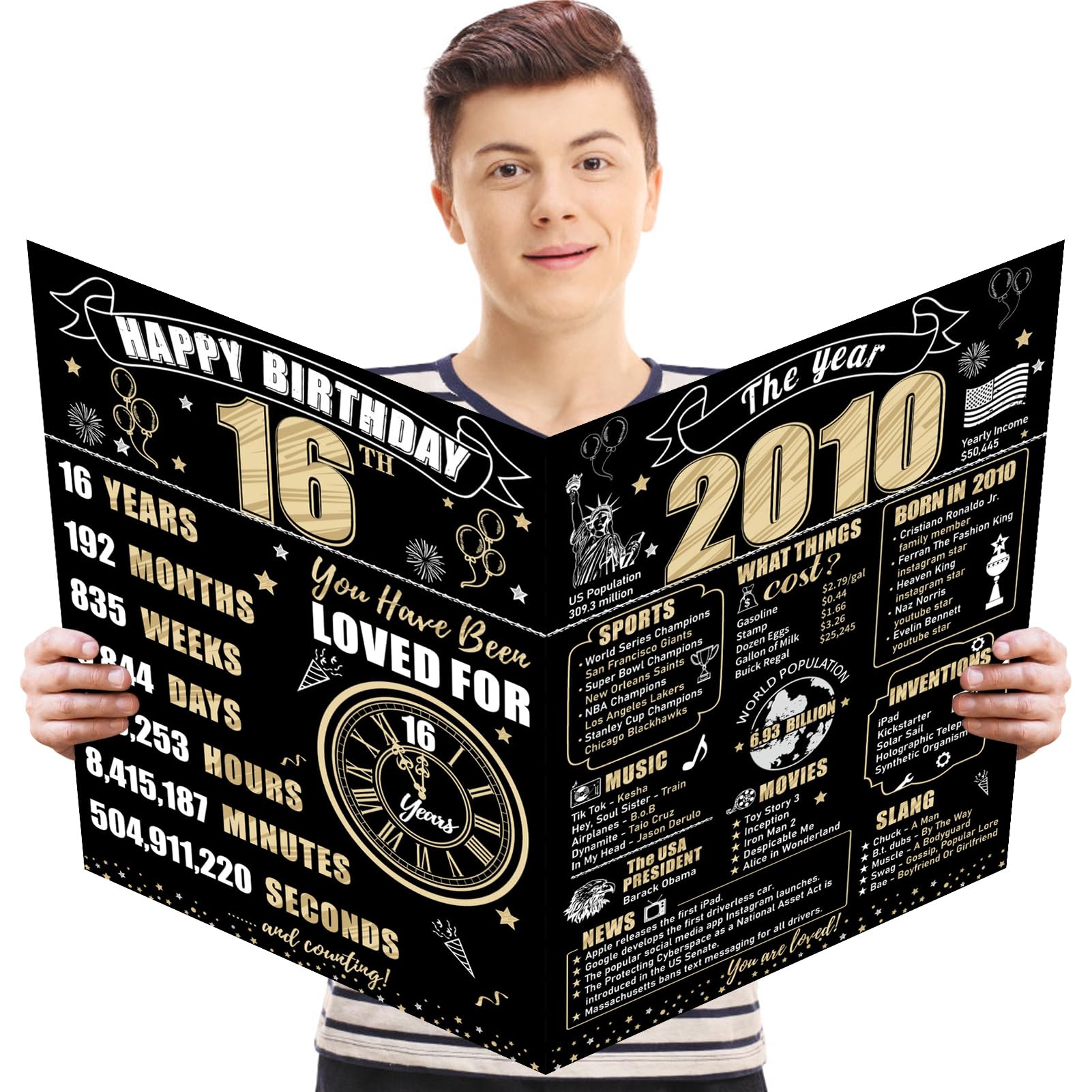 Turypaty Large 16th Birthday Card With Envelope for Boys Girls, 2010 Black Gold Happy 16th Birthday Giant Guest Signature Book Gifts, Big Vintage 2010