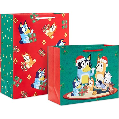 Hallmark Bluey Christmas Red and Green Gift Bag Bundle (2 Bags: 10" Large Horizontal and 15" Extra Large) for Kids, Grandchildren, Boys, Girls