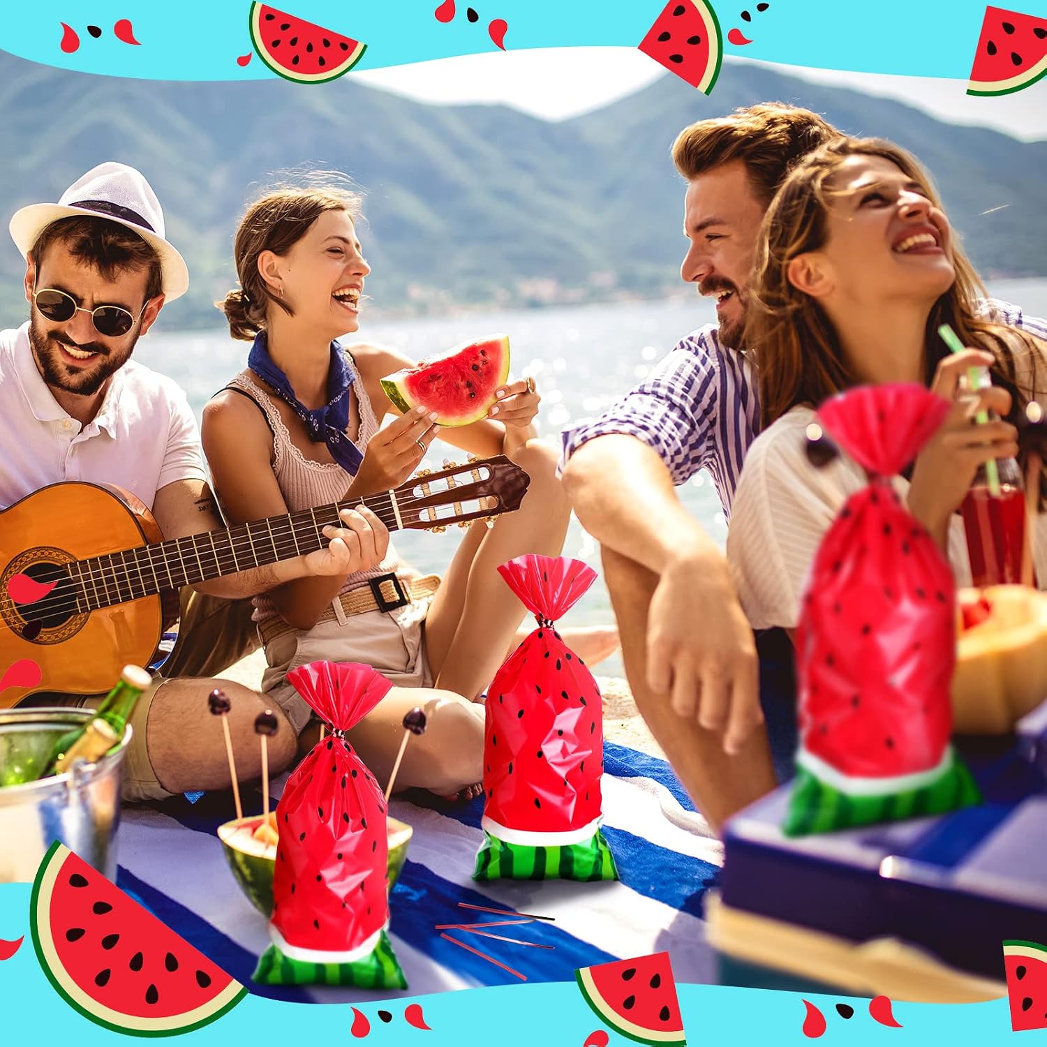 100 Pieces Watermelon Treat Bags Cellophane Candy Plastic Bags Bulk Melon Goodie Treat Wrap with 200 Pieces Twist Ties for Summer Fruit Birthday Party Gift Baby Shower Supplies Favors Merchandise