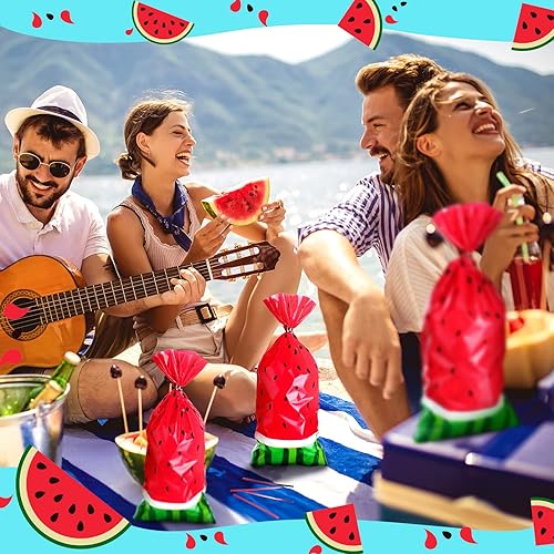 Miniatura 7 de 100 bolsas de sandía para dulces de celofán, bolsas de plástico de melón a granel con 200 lazos giratorios para regalo de fiesta de cumpleaños,