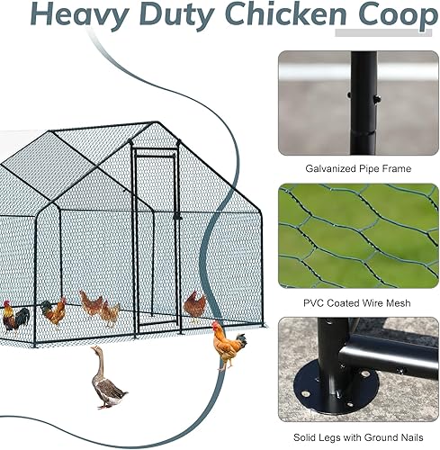 Vista 14 de VINGLI Gallinero grande, jaula de metal para aves de corral, corral de pollos de techo plano con cubierta impermeable y anti-UV para exteriores