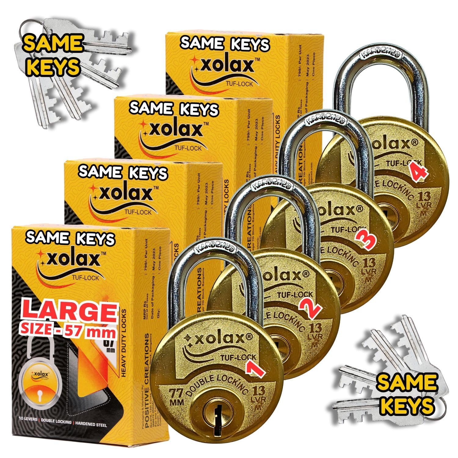 XOLAX 4 Locks Set - Large Size Same Key Padlocks Golden Brass Color | Lock and Keys | Lock for Home | 3 ton Heavy Duty (4 Locks with Same Keys, Large Size 77 mm) (B0D9NV9Z16) Amazon Price History, Amazon Price Tracker