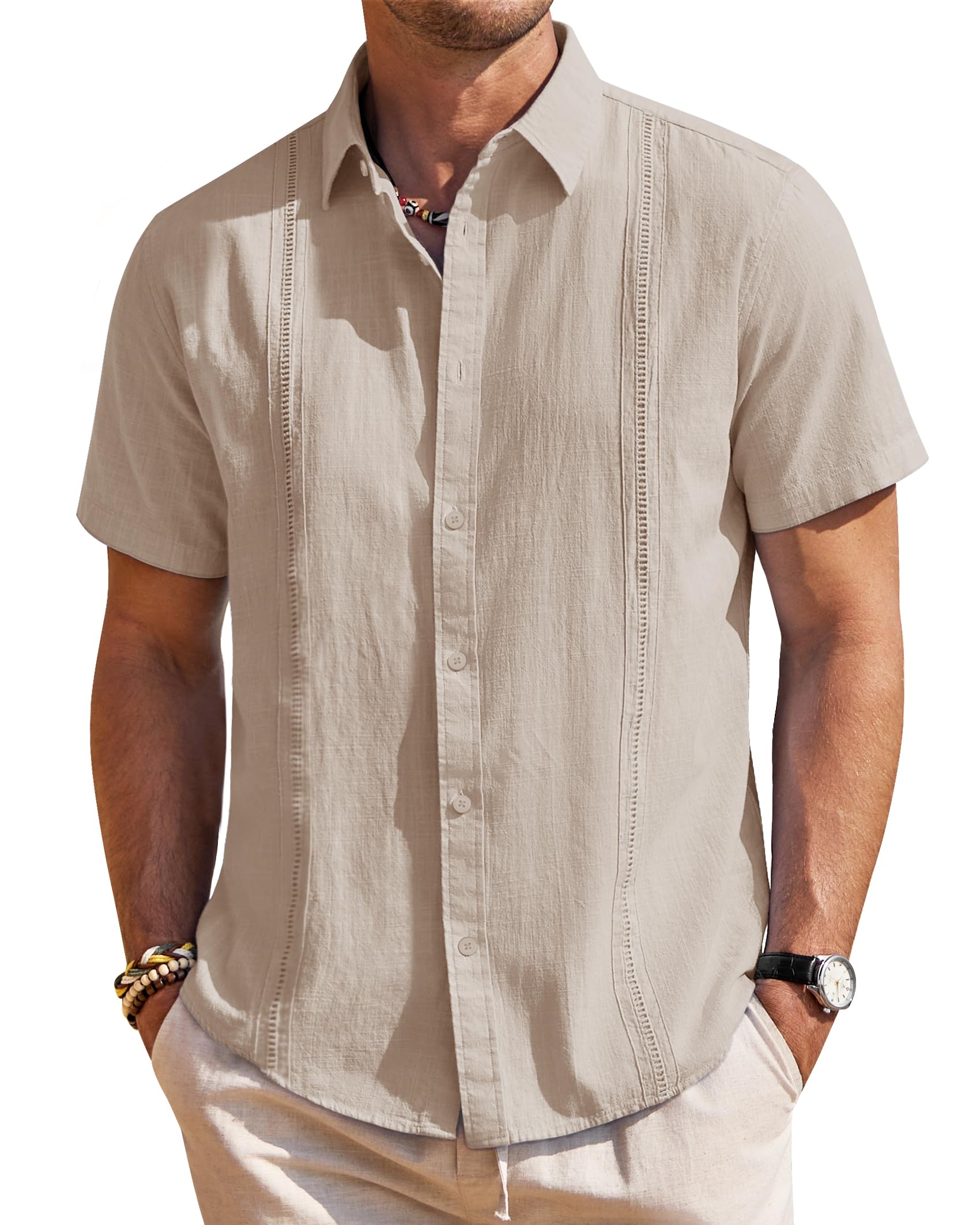 Mens Linen Shirts Short Sleeve Button Down Shirt Casual Cuban Guayabera Lightweight Summer Beach Solid Tops