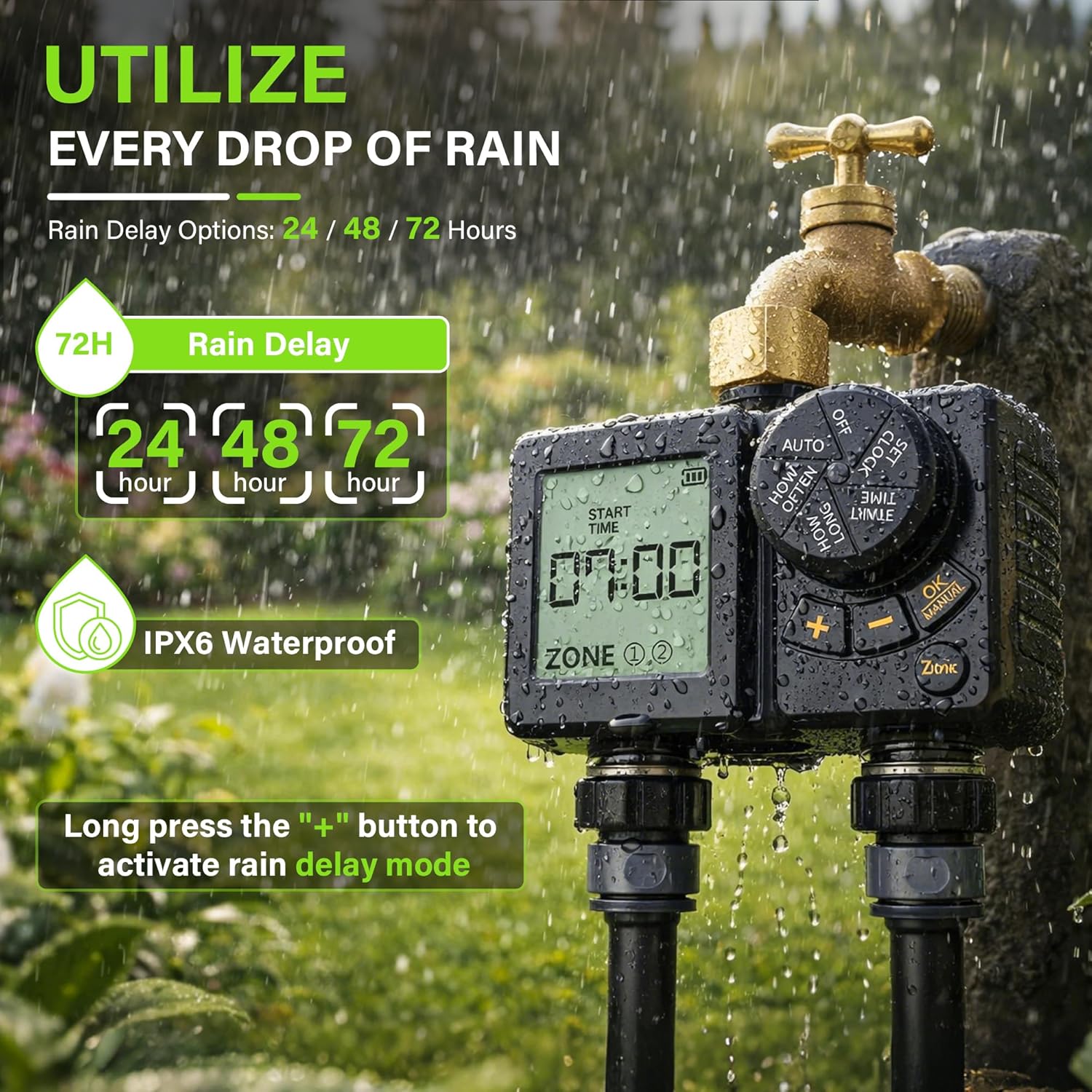 MIXC Rechargeable 2-Zone Water Timer, Full-Body IPX6 Sprinkler Timer - Over One Year Runtime - Save Water & Money, Drip Irrigation Controller with Rain Delay/Manual/Auto Modes for Garden, Lawn, Yard