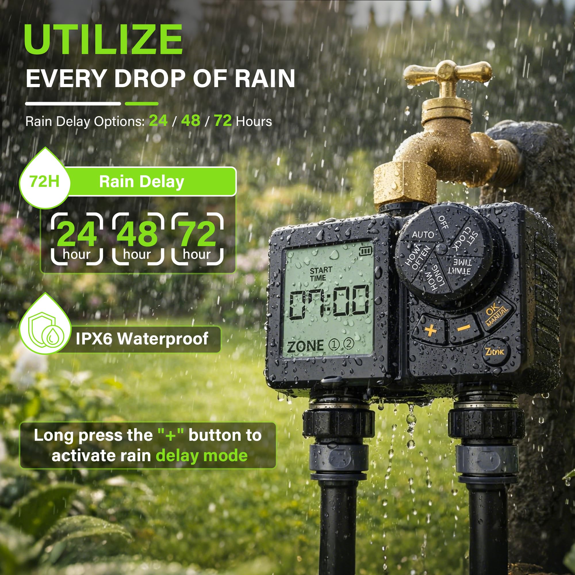 MIXC Timer dell'acqua ricaricabile a 2 zone, timer per irrigazione IPX6 a corpo intero con ritardo pioggia/modalità manuale/automatica, durata oltre un anno, per risparmiare acqua e denaro, controller