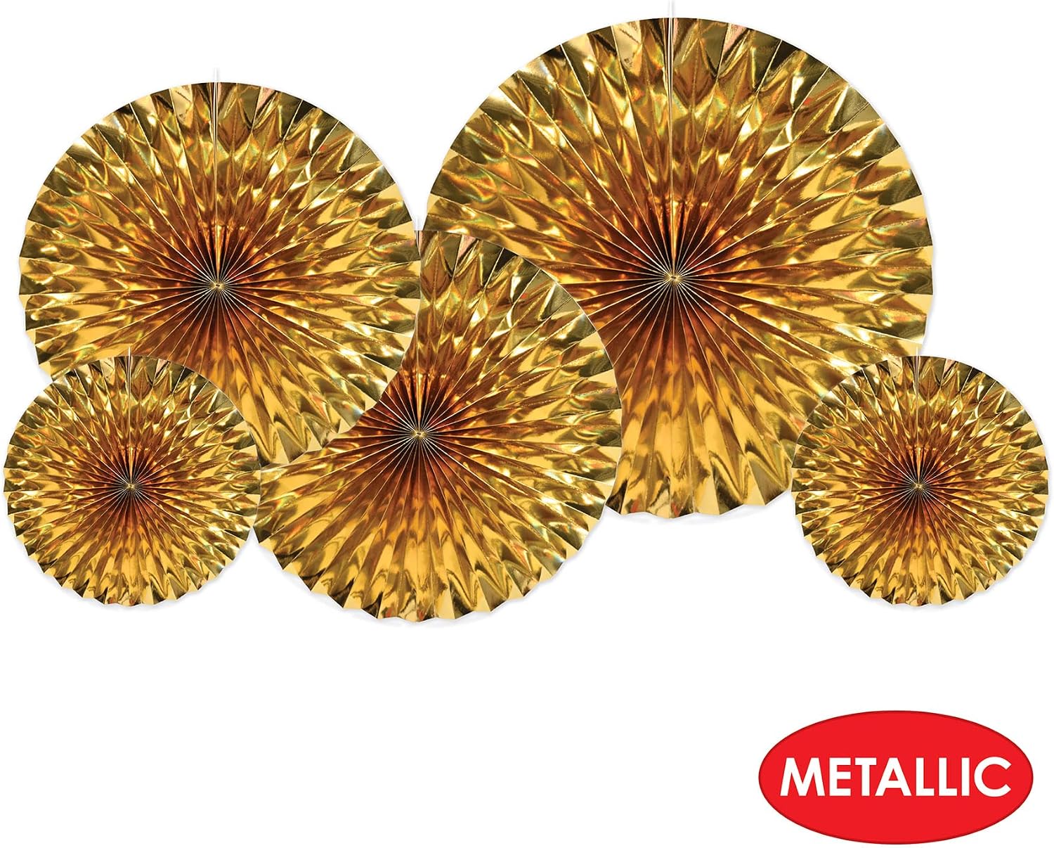 Beistle 5 Piece Metallic Foil Hanging Decorative Fans for Birthday Party, Anniversary Celebration, Bridal Shower, Happy New Year's Eve Decorations