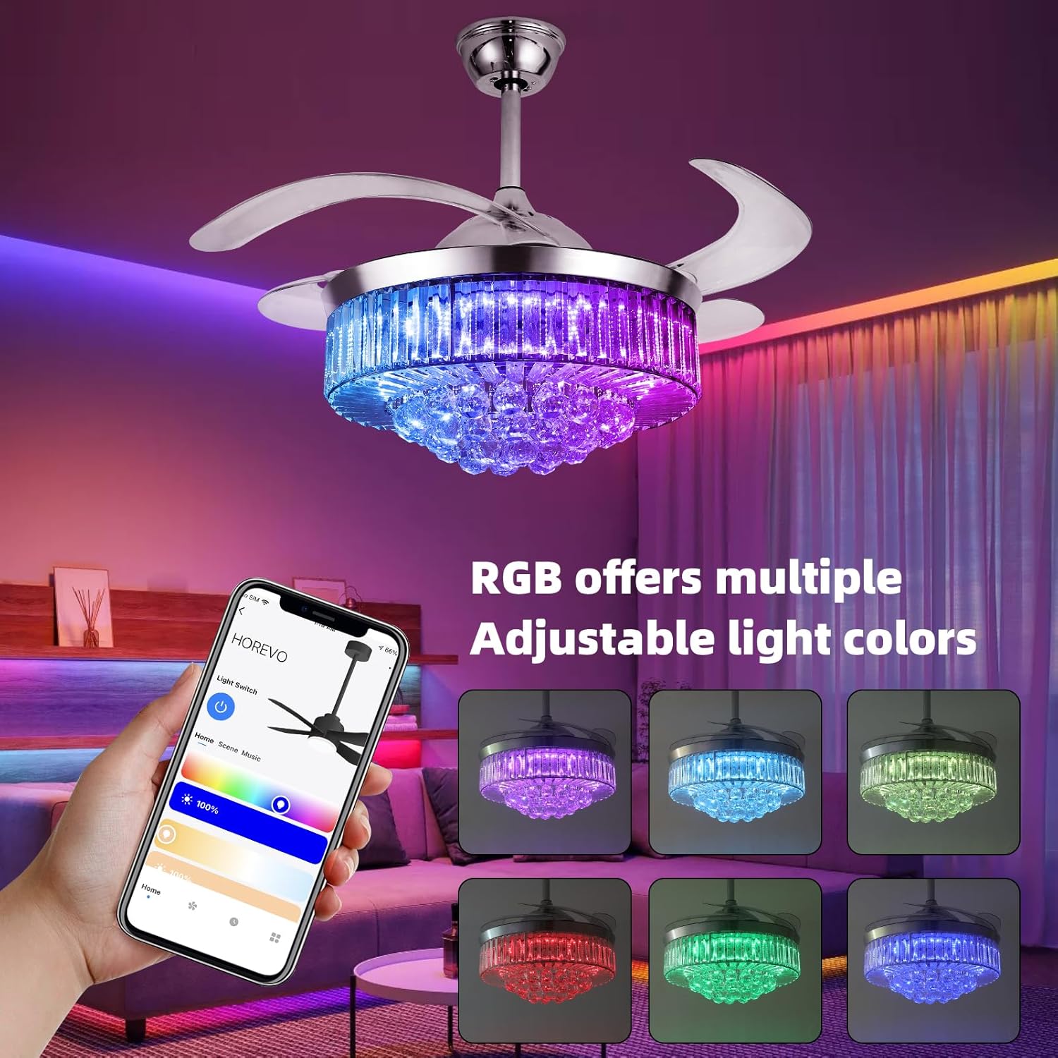 42" Smart Retractable Crystal Ceiling Fan with Light: Alexa/Google Home & Remote, Bluetooth Speaker, Dimmable RGB Light, 6-Speed Reversible Fandelier Chandelier Fan for Bedroom,Dining/Living Room