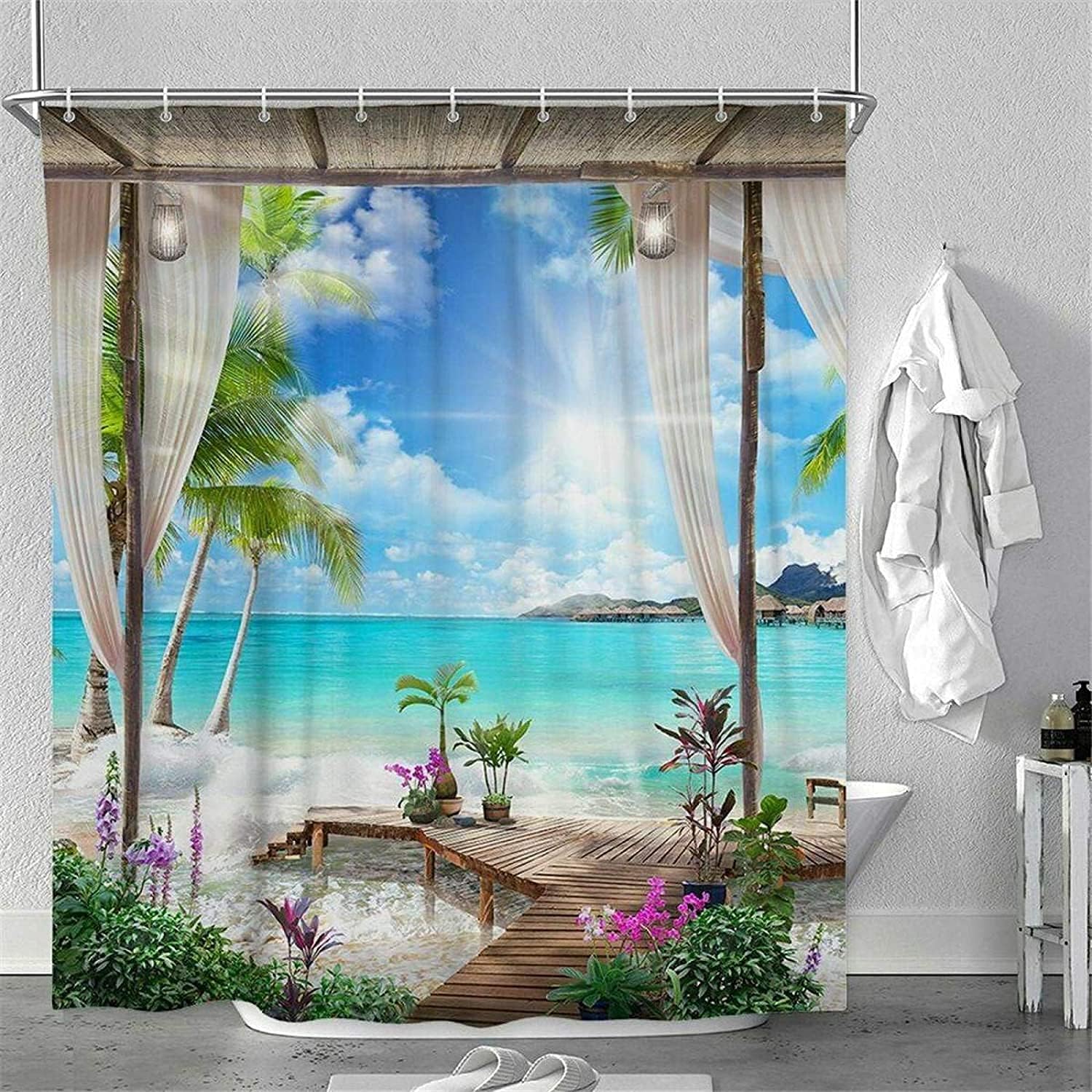 YUAOEUR Landscape Photo Garden 3D Shower Curtain Nature Scenery Sunset at Lake View Spring Flowers Green Grass Scenery Bathroom Decoration Curtains with Hook 71X 71 inches Green Pink Blue - Image 3