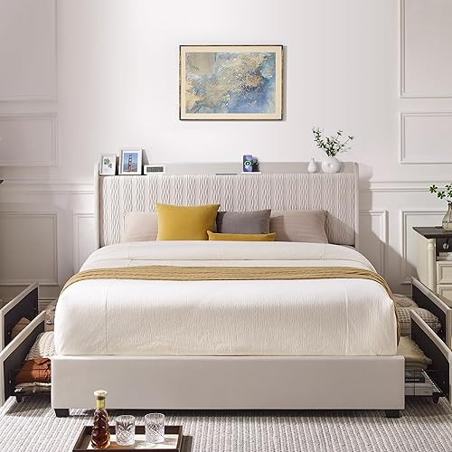 Queen Size Bed Frame, Velvet Upholstered Platform Bed with Refined