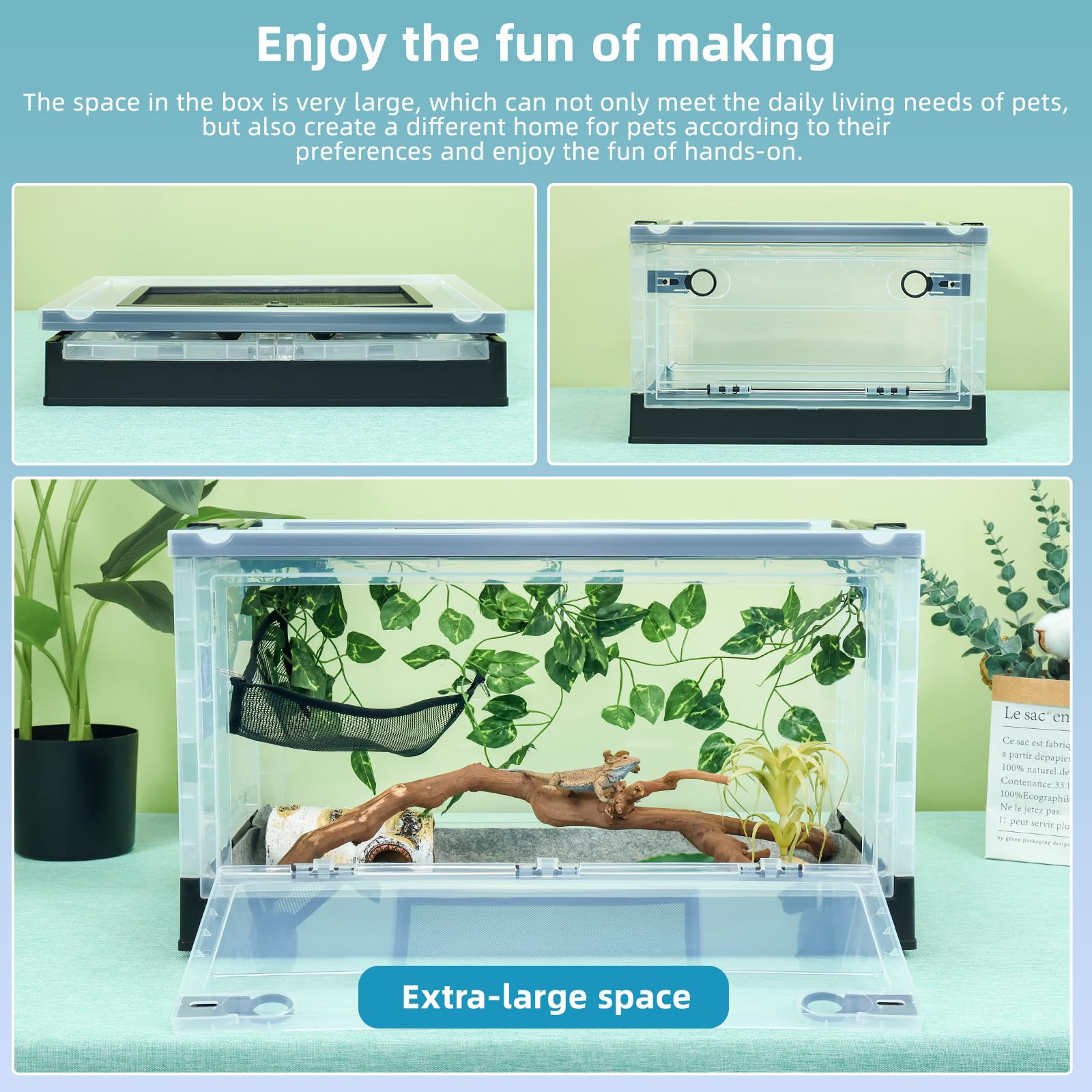 Terrarios plegables para reptiles de 16 pulgadas, tanques de serpientes y recintos para dragones barbudos, iguanas, lagartos, gecos crestados, vistas claras, portabilidad, ventilación de malla