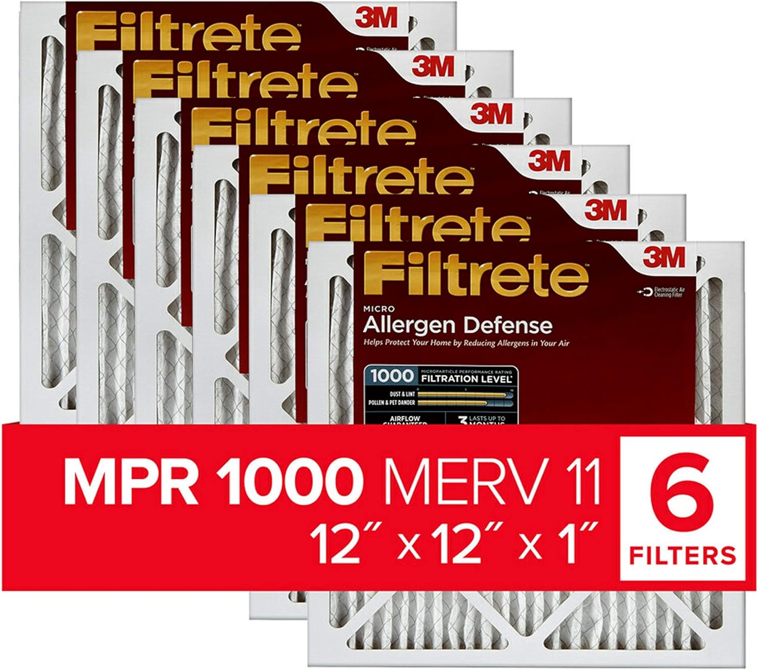 Filtrete 12x12x1, AC Furnace Air Filter, MPR 1000, Micro Allergen Defense, 6-Pack