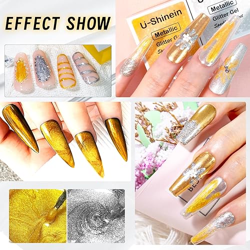 Miniatura 4 de U-Shinein Esmalte de gel metálico con purpurina de 0.3 fl oz, gel de pintura metálica dorada brillante para uñas, gel de dibujo de gel con purpurina