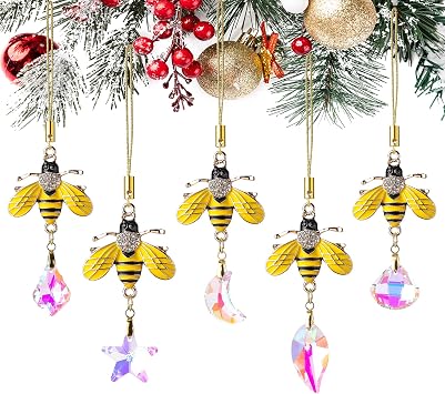 5PCS Hanging Decorations Xmas Tree Hanging Metal Bee Ornaments Gold Bee Mini Crystal Prism Suncatchers for Party Wedding Home Decor