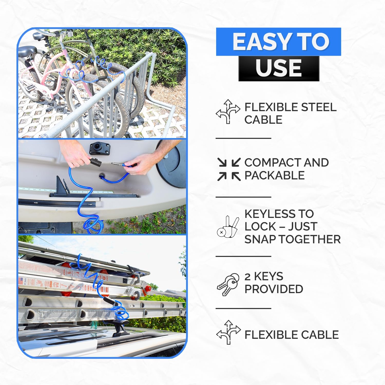 DocksLocks Cable de seguridad en espiral con cerradura de llave, protección antirrobo multiusos resistente a la intemperie para kayak, bicicleta, paddleboard, scooter, equipo, bicicletas y más de 10
