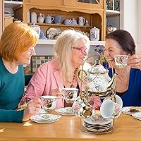 Vista 6 de Zhehao 20 Pcs Porcelain Tea Set with Metal Holder and Spoon Adult Ceramic Tea Set European Flower Painting Teapot Cup Saucer Spoon for Women, Large