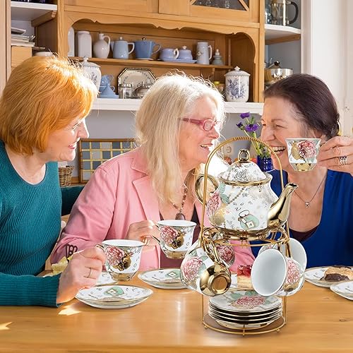 Vista 6 de Zhehao 20 Pcs Porcelain Tea Set with Metal Holder and Spoon Adult Ceramic Tea Set European Flower Painting Teapot Cup Saucer Spoon for Women, Large