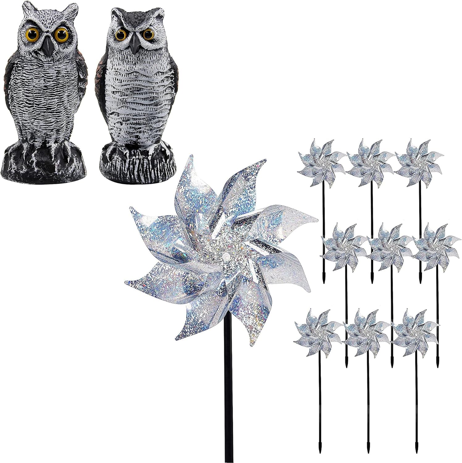 Hausse 2 Pack Fake Horned Owl | 10 Pack Reflective Pinwheels with Stakes
