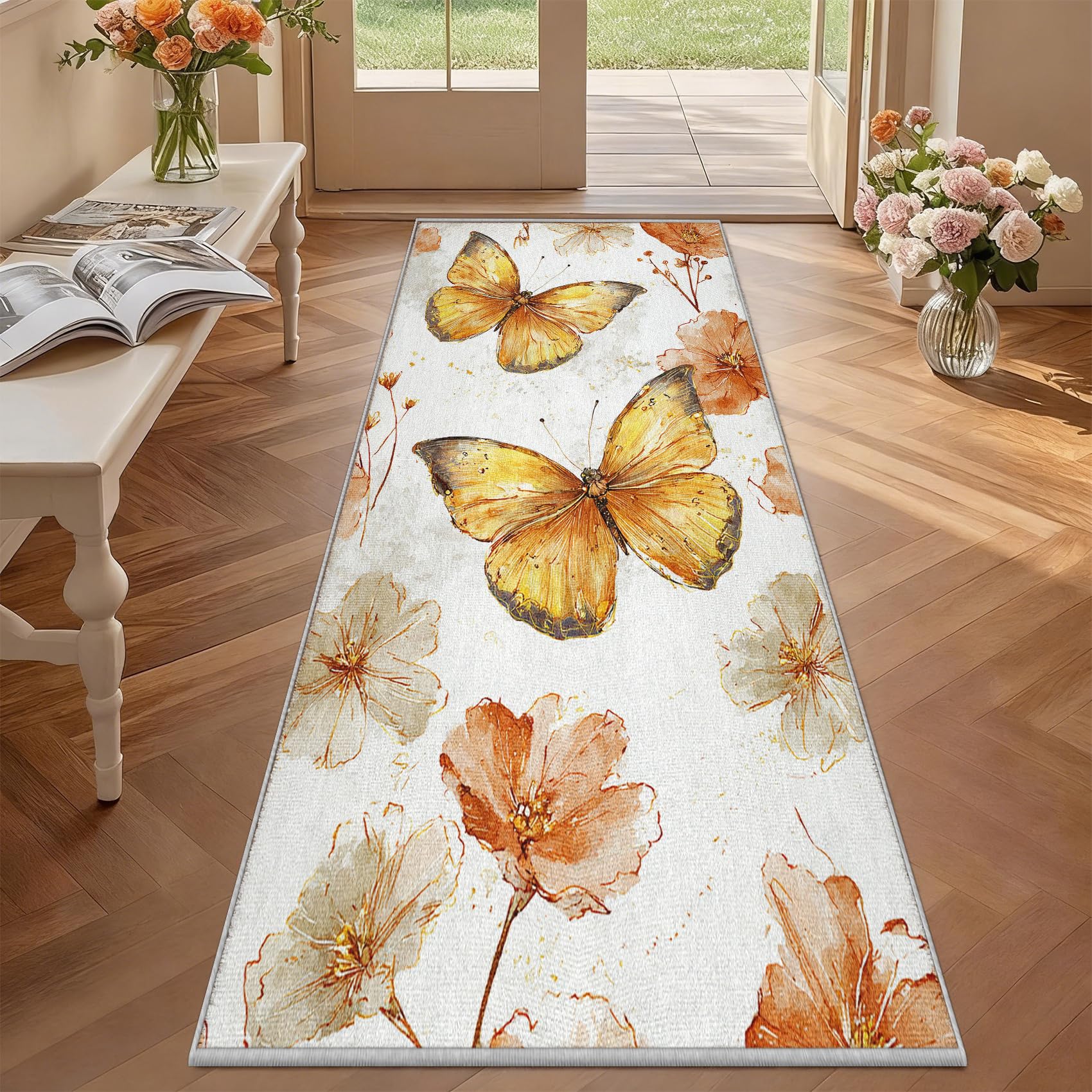 Tapis couloir 60x180 cm lavable en machine à motif floral aquarelle