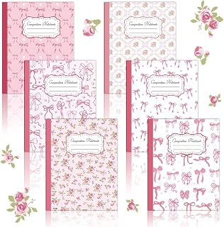 6 Pack Pink Bow Composition Notebooks, Preppy Cute Coquette Notebook,9-3/4 x 7-1/2" Aesthetic College Ruled Journal Back to School Teacher Gifts First Day of School Favors, 110 Pages