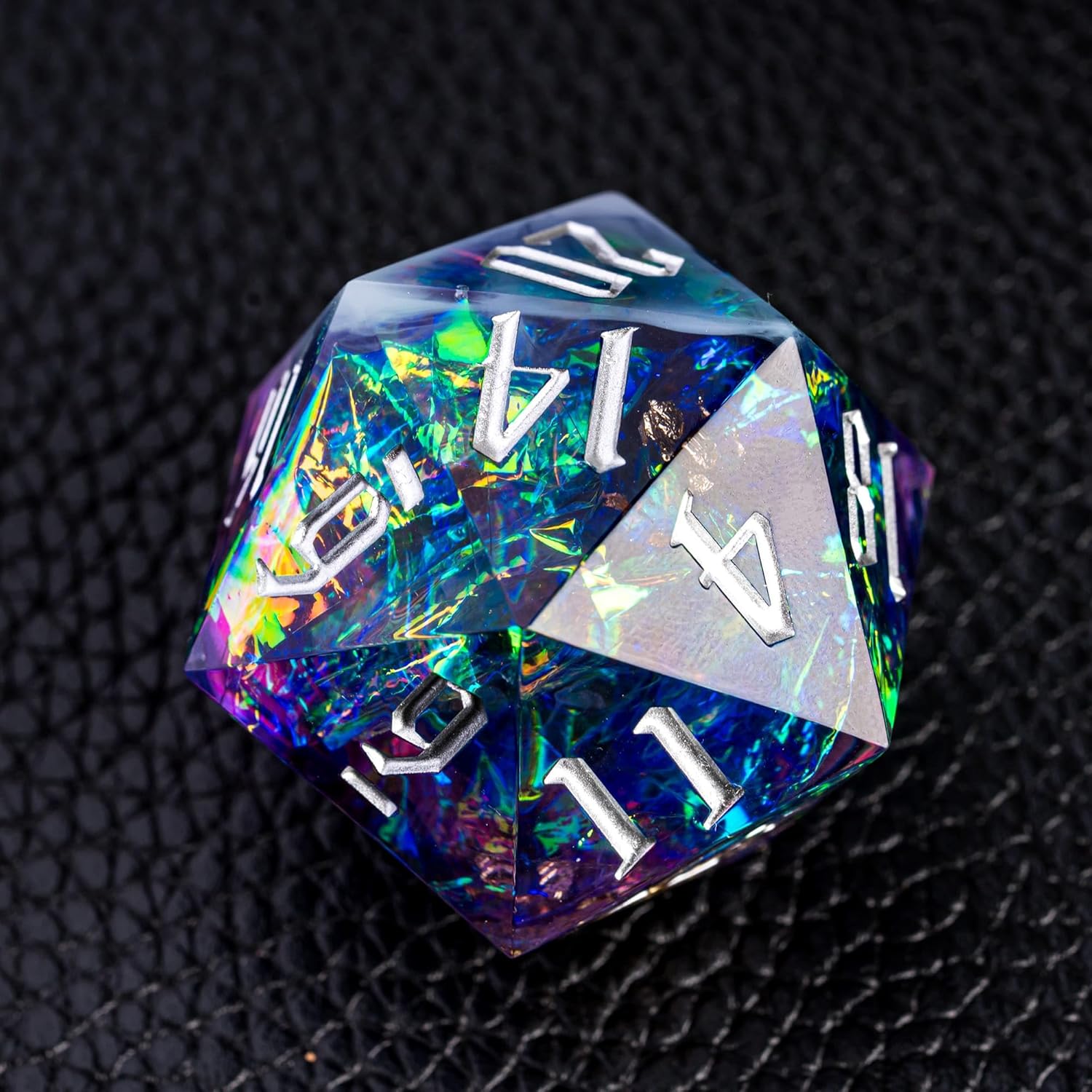 Cusdie Single D20 DND Dice with Sharp Edges and Glitter Foil Inclusions, 20 Sided D&D Dice, 33mm Handcrafted Polyhedral Dice, for Role Playing Game (Purple Blue)