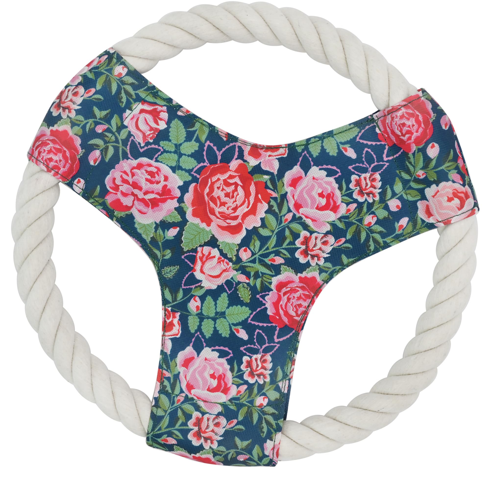 Pet Brands Cath Kidston Dog Frisbee Toy (25 cm), Durable Rope Disc for Fetch & Tug Play, Squeaky Canvas Centre, Outdoor Training & Exercise for Small & Medium Breeds, Dolly Rose Print