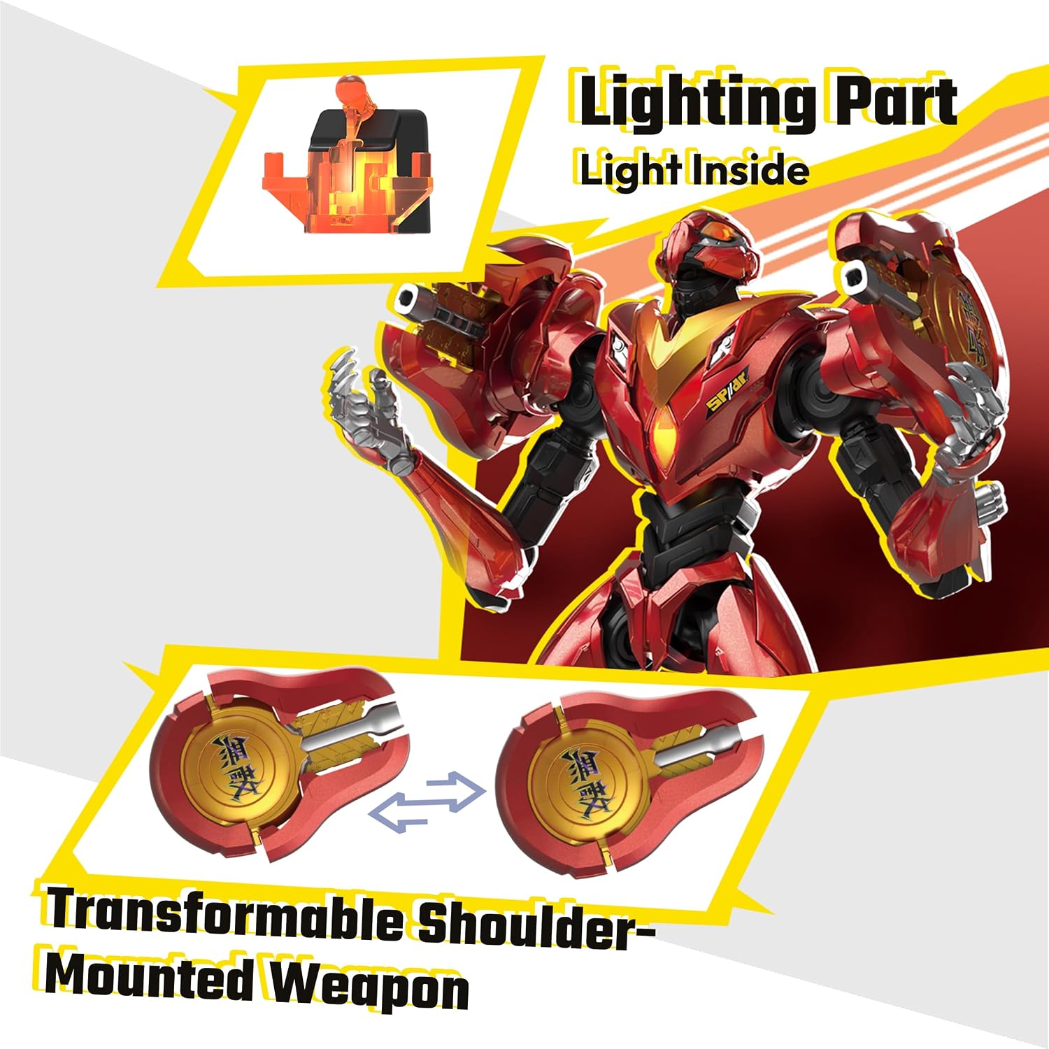 Image showing the lighting part and transformable shoulder-mounted weapon feature of the SP//dr suit.