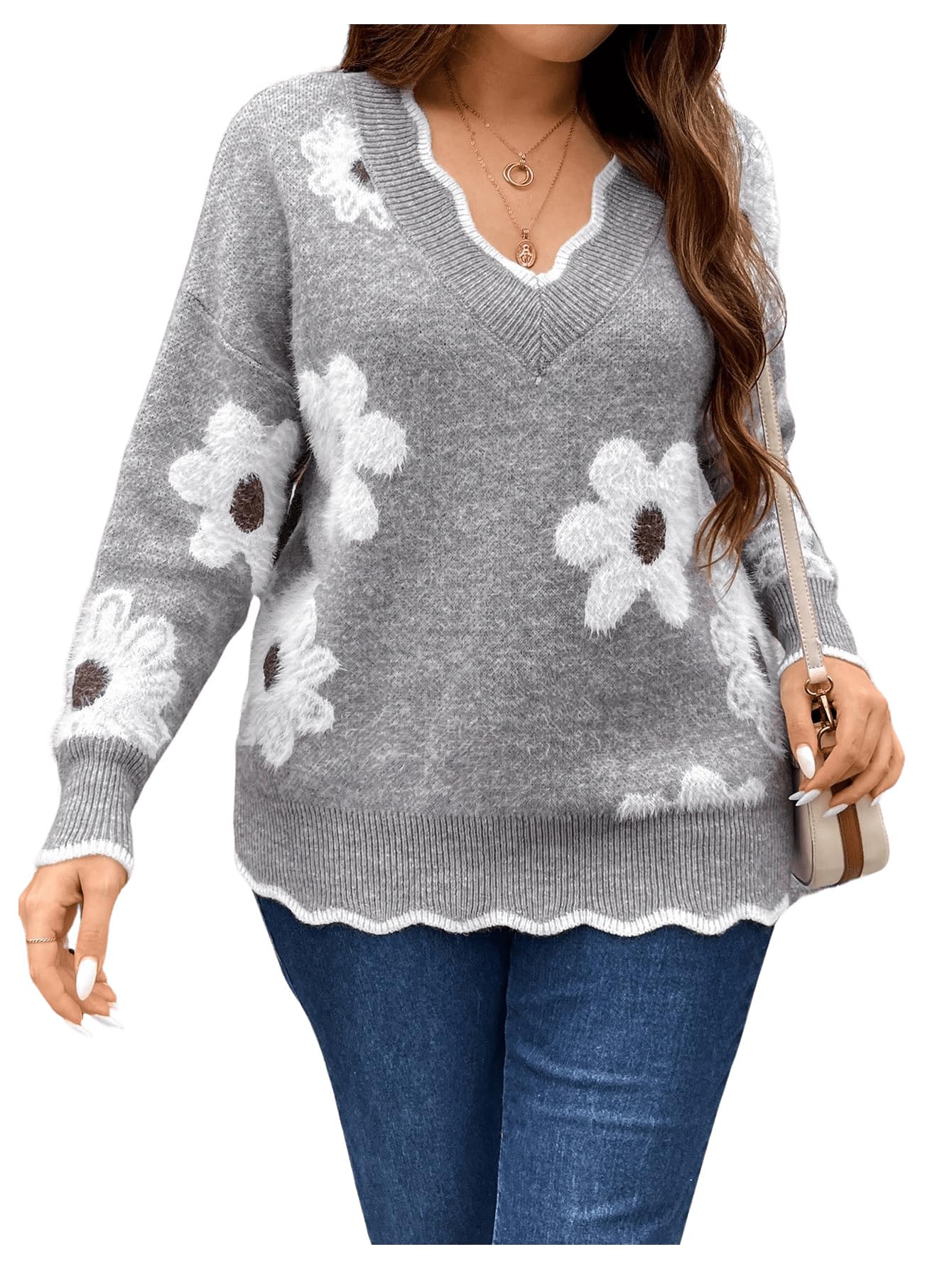 MakeMeChic Womens Plus Size Floral Sweater V Neck Long Sleeve Scallop Trim Pullover Tops