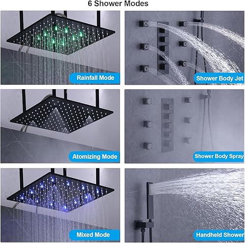 Miniatura 2 de WHSHOWER Sistema de ducha negro mate termostático LED de cuerpo completo, juego completo de grifo de ducha de techo de 16 pulgadas, cabezal de ducha