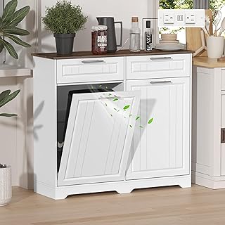 Double 10 Gallon Tilt Out Trash Can Cabinet with Deodorizing Function and Power Outlet, Wooden Hidden Garbage Can Holder with 2 Storage Drawers for Kitchen, Laundry Hamper Cabinet for Bathroom, White