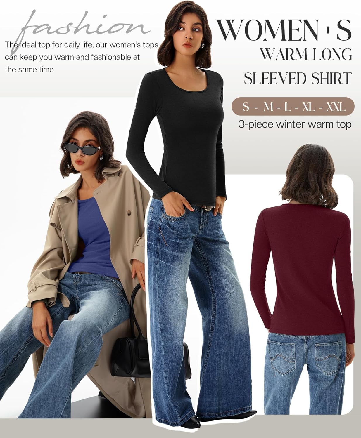 Ficerd 3 Pack Women's Thermal Long Sleeve Shirts Fleece Lined Scoop Neck Stretch Fitted Tops Winter Base Layer Underwear - Image 6