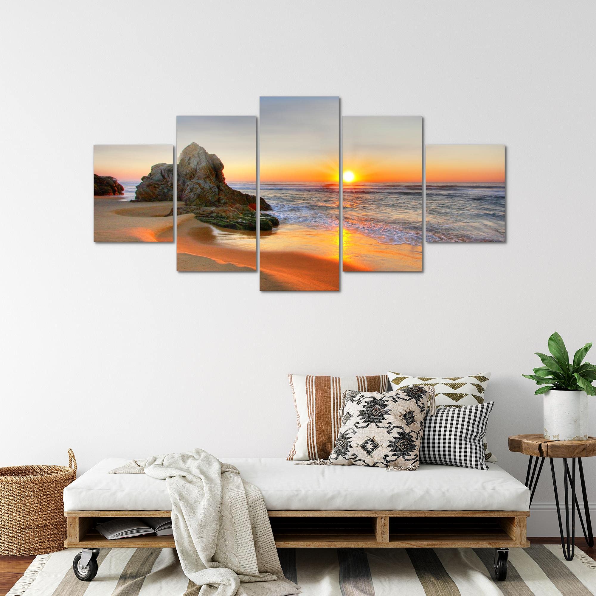 Runa Art - Cuadros Decorativos Amanecer Playa 200 x 100 cm 5 Piezas XXL Decoracion de Pared Diseño Naranja 609551a