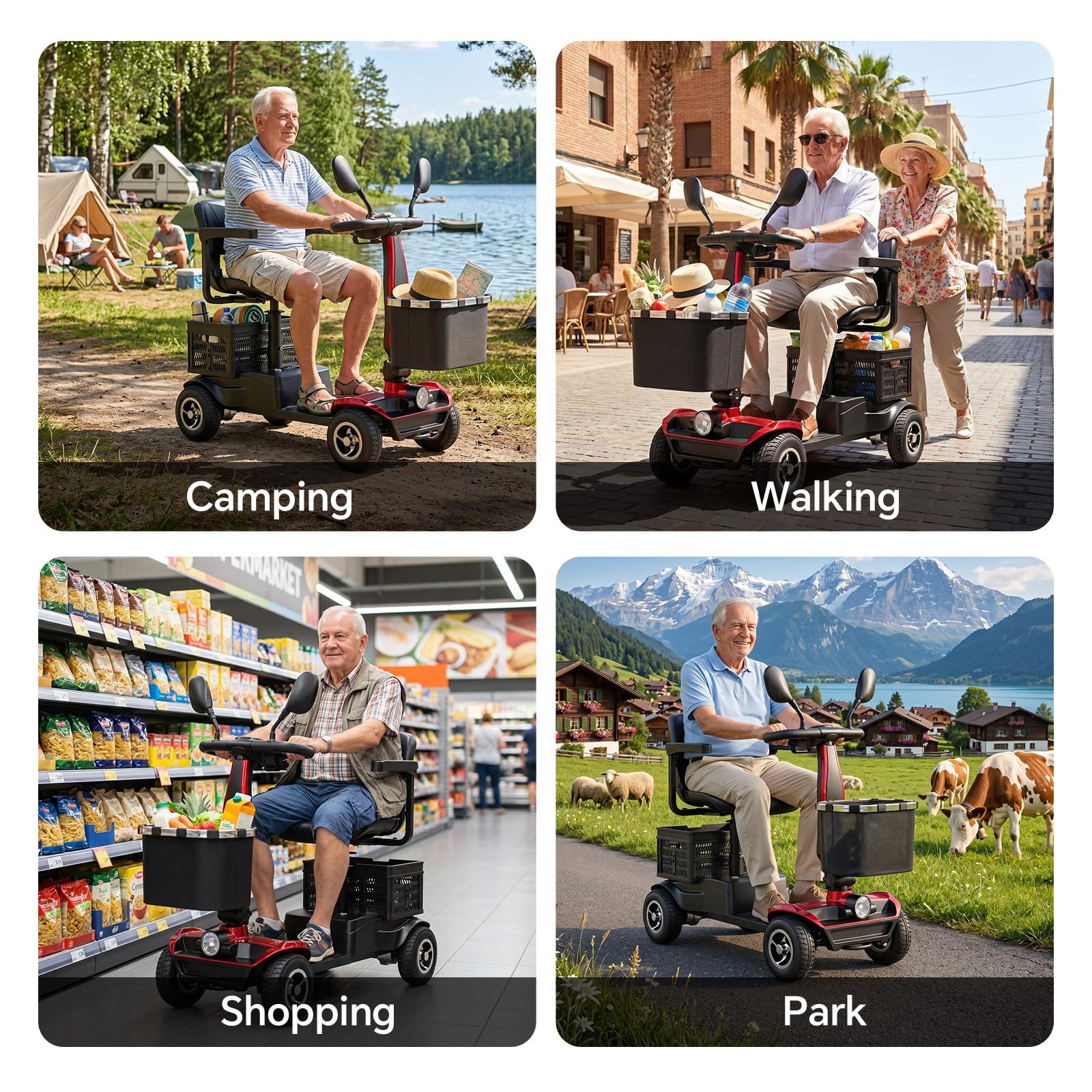 Scooters para discapacitados plegable para mayores autonomía de 20 km motor de 350W diseño estable antivuelco asiento giratorio de 360° Cesta Delantera y Luz LED Mobility Scooters
