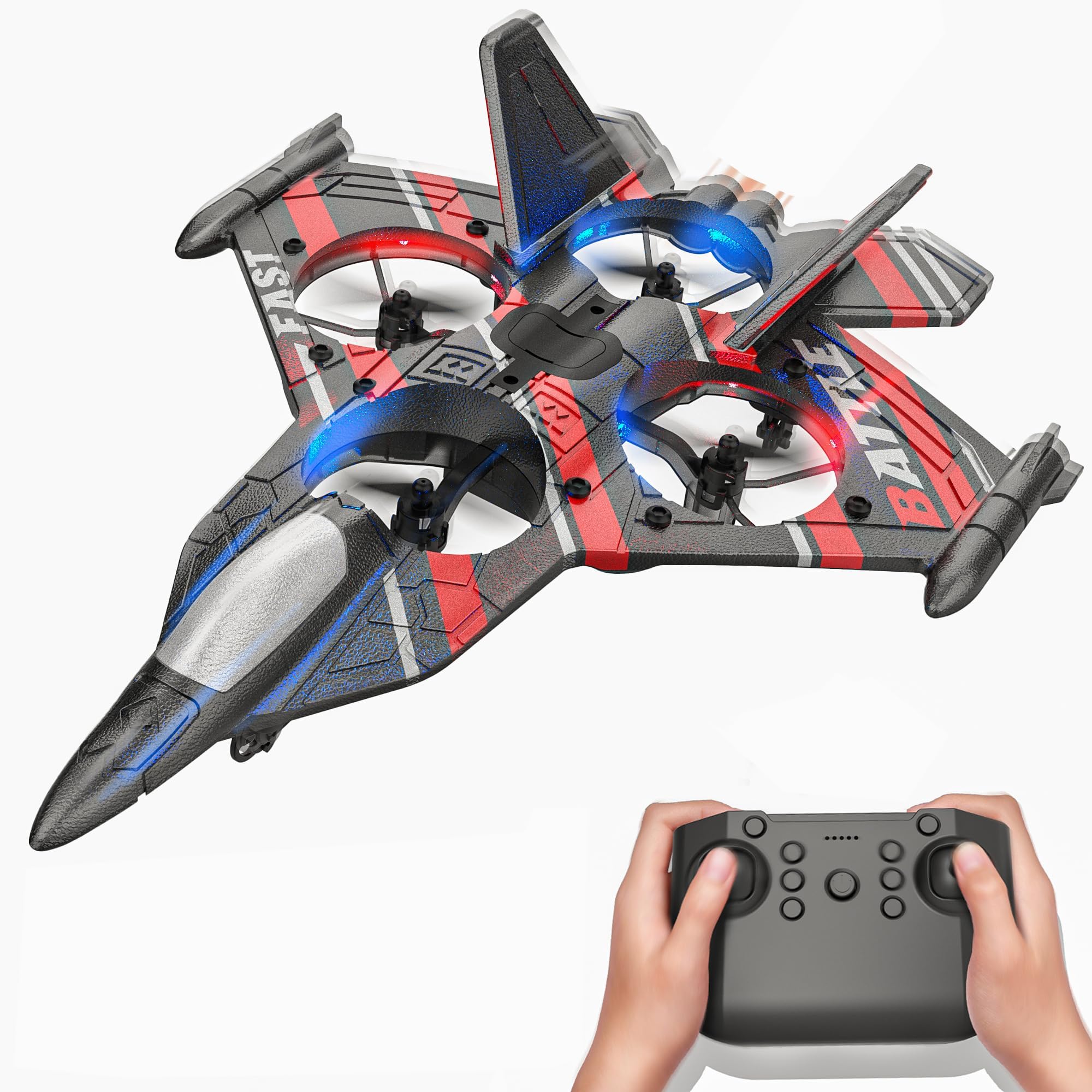 Drones for Kids | 2.4GHZ RC Plane | Remote Control Airplane, RC Helicopter, 360° Flip Fighter Jet Toy, Toys for ages 8-13 with Colorful LED Navigation Lights Red
