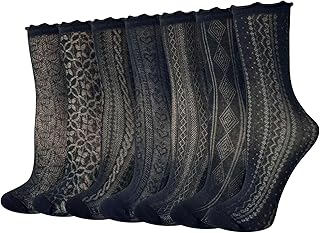 Cityelf 7 Pack Women's Black Ruffle Socks Mesh Lace Cotton Casual Crew Ultra Thin