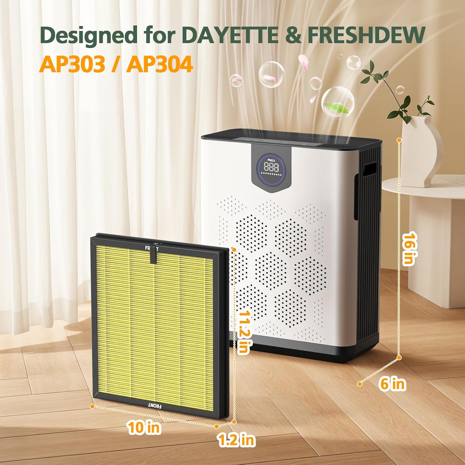 AP303 AP304 Replacement Filters, Compatible with DAYETTE AP303/ AP304/ AP305/ AP308/ AP405 Air Purifier, and for FRESHDEW AP303/ 304 Purifier, HEPA Filter with 3 Stage Filtration, 2 Pack (Pet Filter)