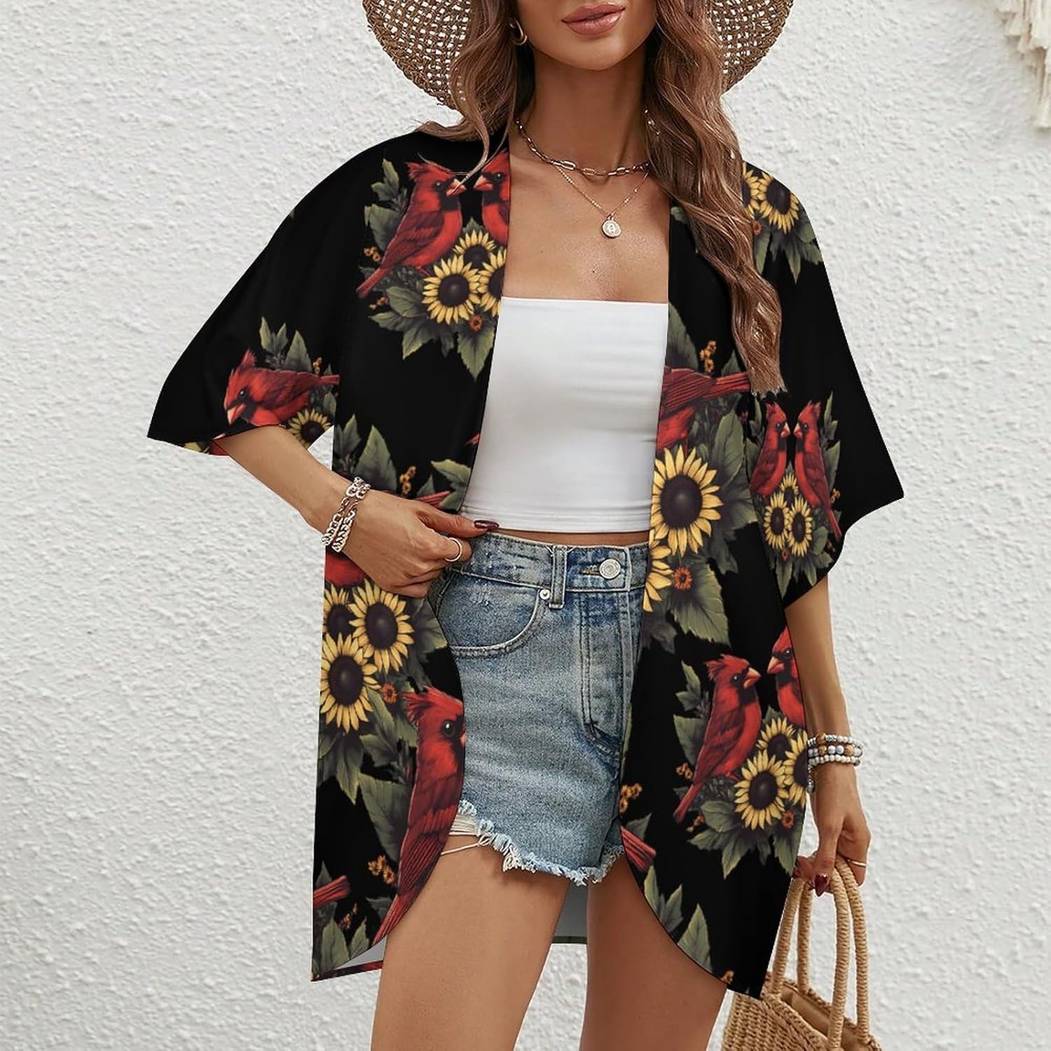 Cardinal Bird Sunflower Floral Women's Open Front Cardigan Short Sleeves Jacket Lightweight Sweaters Tops
