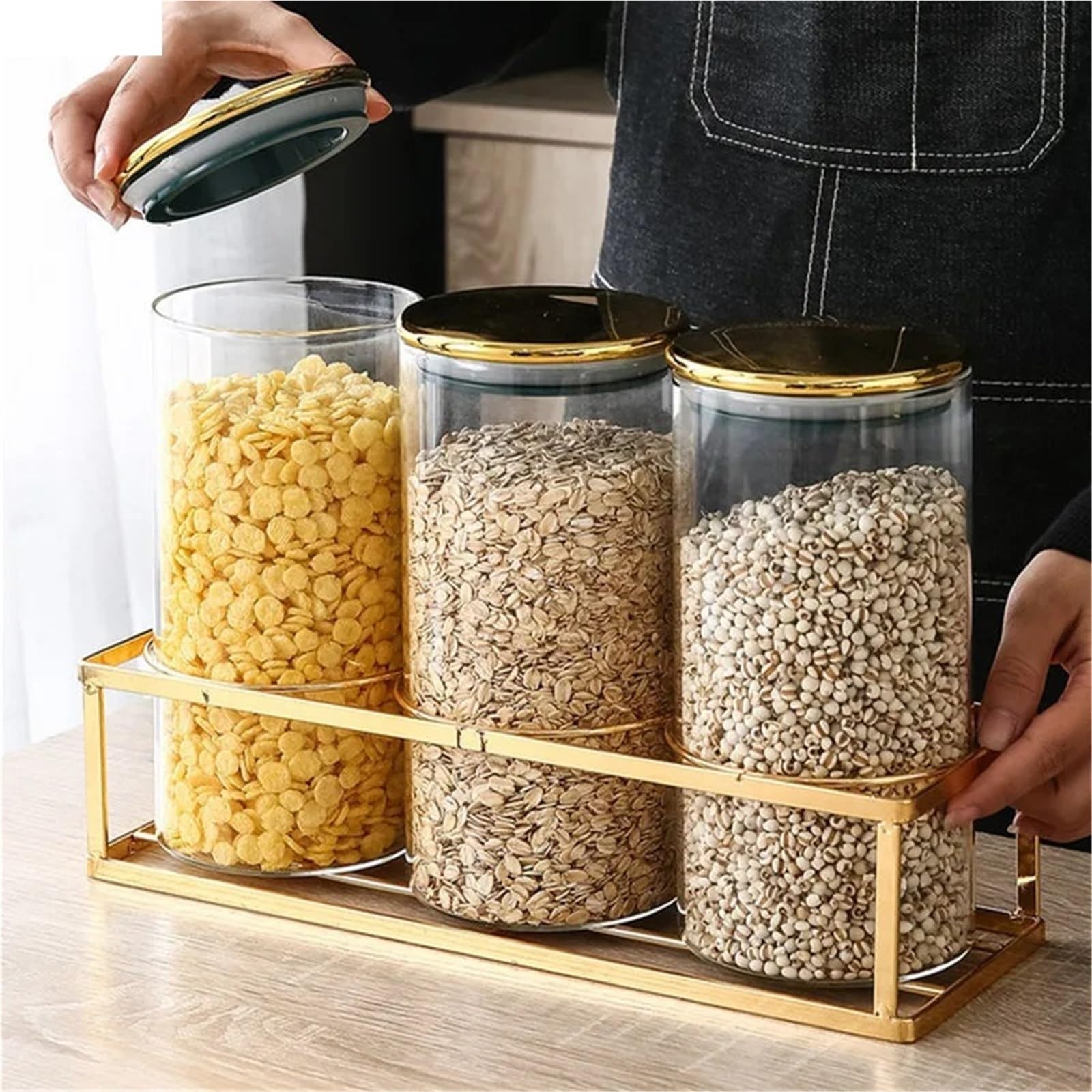 Vorratsglas Küchenglas, versiegeltes Glas mit goldenem Kunststoffdeckel, Metallboden, Lebensmittelaufbewahrungsbox, transparenter Bonbonglas-Aufbewahrungstank(S 8.5x10cm 3pcs)