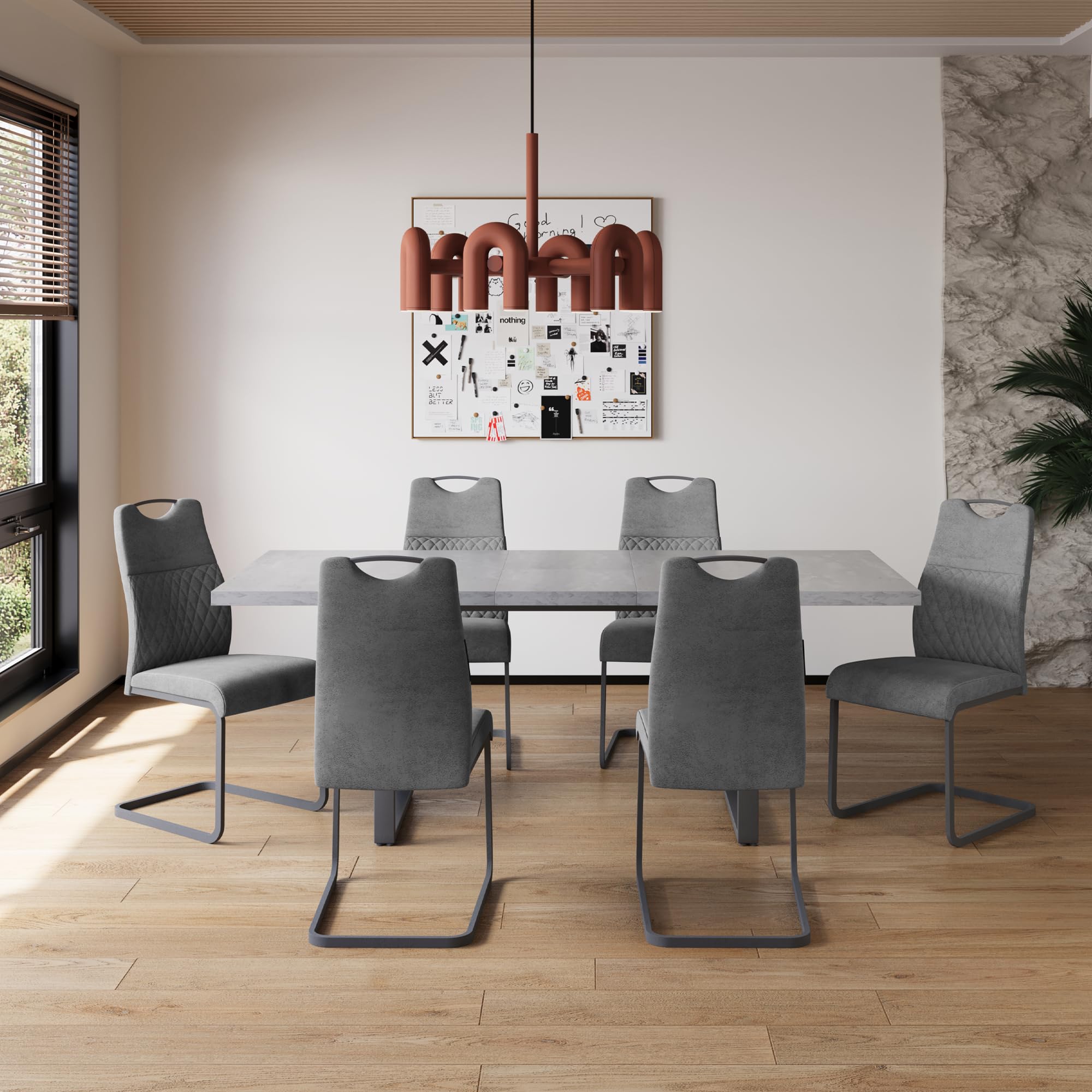 JIEXI - Mesa Extensible de Comedor MDF, 4 – 6 Personas de Cocina de Madera con Estructura metálica para Comedor, Cocina (130-170 cm Mesa de Comedor + 6 sillas Grises - A)