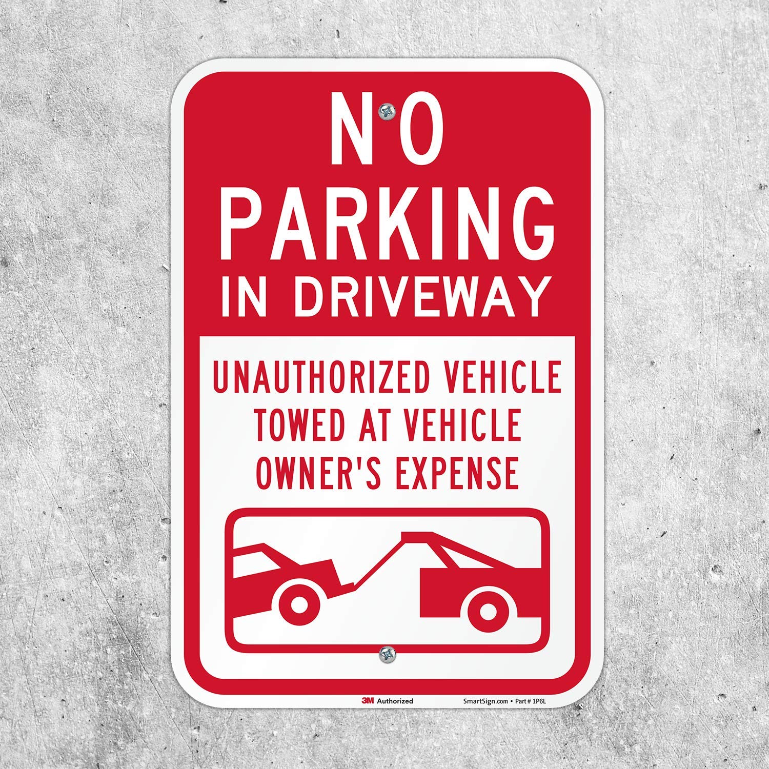 SmartSign 3M Engineer Grade Reflective Sign, Legend "No Parking In Driveway Vehicles Towed" with Graphic, 18" high x 12" wide, Red on White