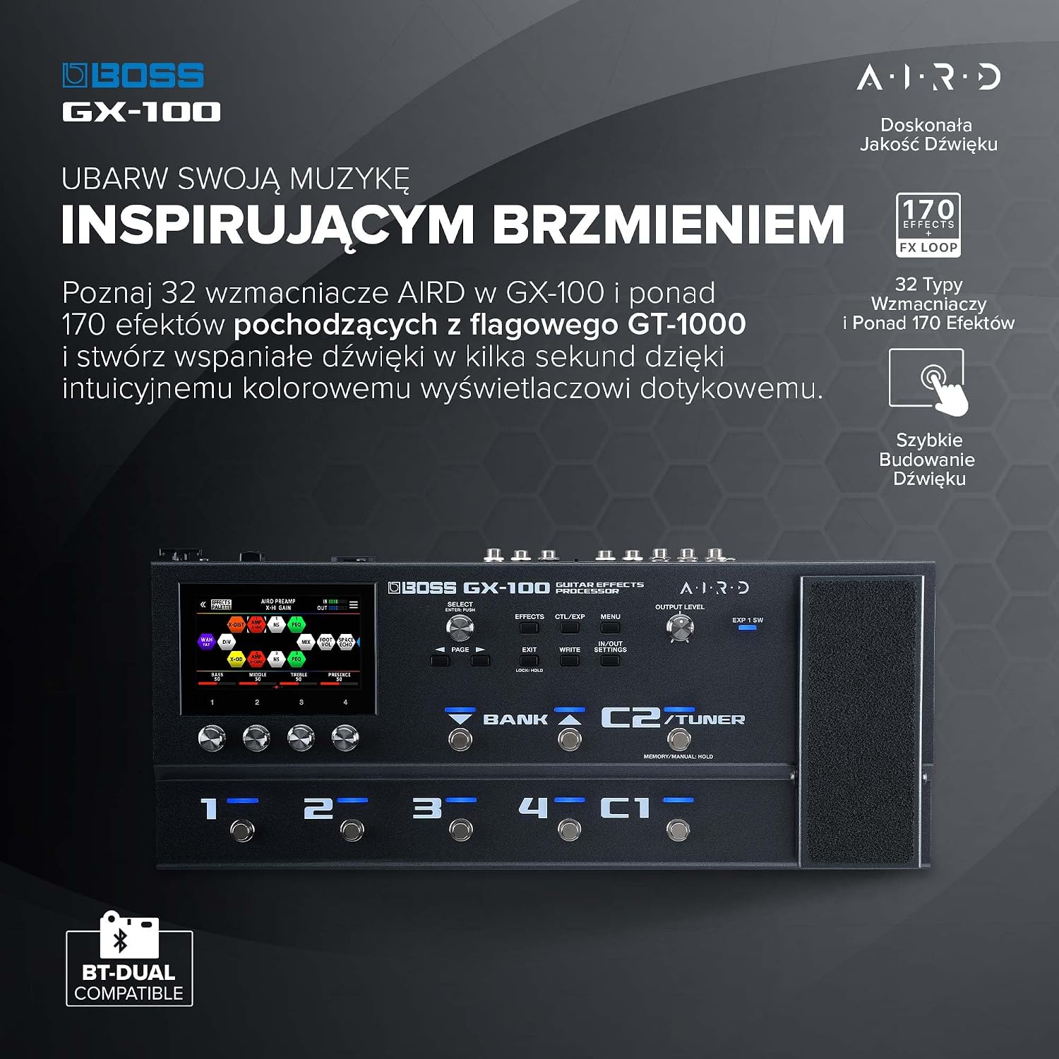BOSS GX-100 | Усовершенствованный процессор гитарных эффектов | Аутентичное звучание лампового усилителя с технологией AIRD | 32 типа усилителей и более 170 эффектов BOSS из флагманской модели GT-1000 | 23 усилителя AIRD, более 150 эффектов BOSS,