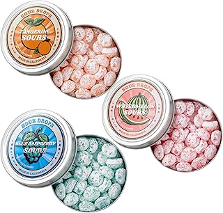 Sour Drops - Small Batch Fruit Sours - Tangerine, Watermelon, Blue Raspberry - No Artificial Dyes, Vegan & Gluten Free - 3 Gift Tins (100g Each)