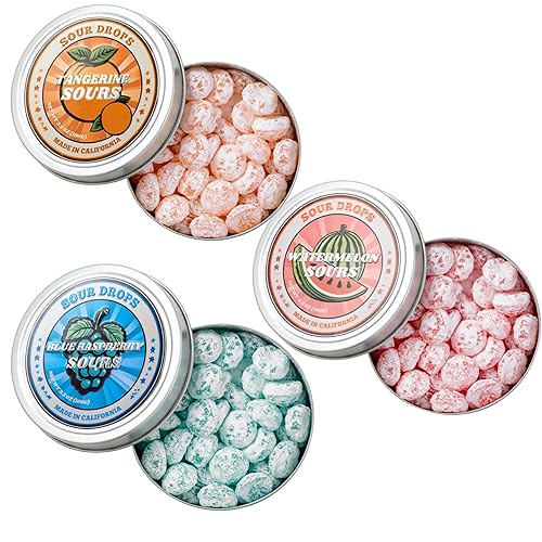 Sour Drops - Small Batch Fruit Sours - Tangerine, Watermelon, Blue Raspberry - No Artificial Dyes, Vegan & Gluten Free - 3 Gift Tins (100g Each) - Tangerine, Watermelon, Blue Raspberry