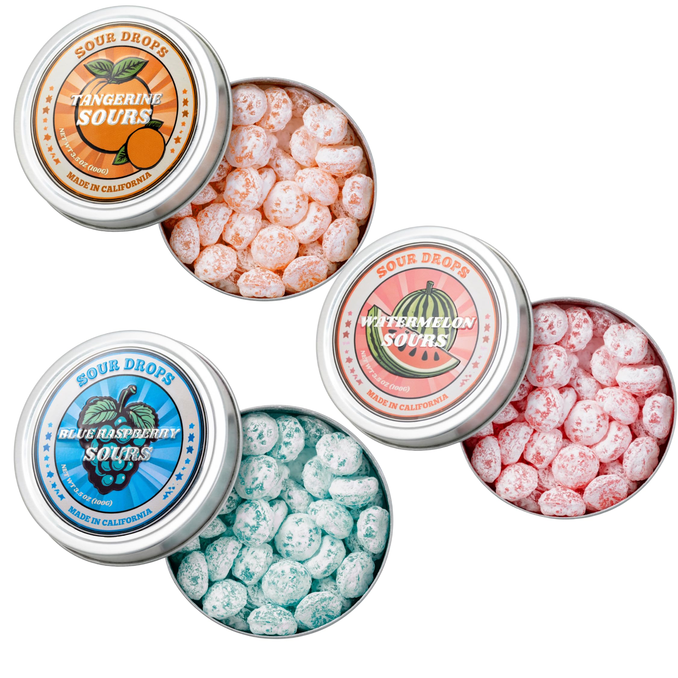 Sour Drops - Small Batch Fruit Sours - Tangerine, Watermelon, Blue Raspberry - No Artificial Dyes, Vegan & Gluten Free - 3 Gift Tins (100g Each)