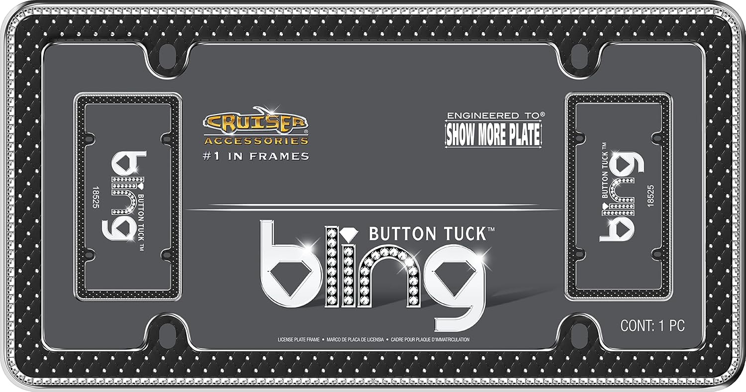 Cruiser Accessories 18525 Button Tuck Bling License Plate Frame, Chrome/Black/Clear
