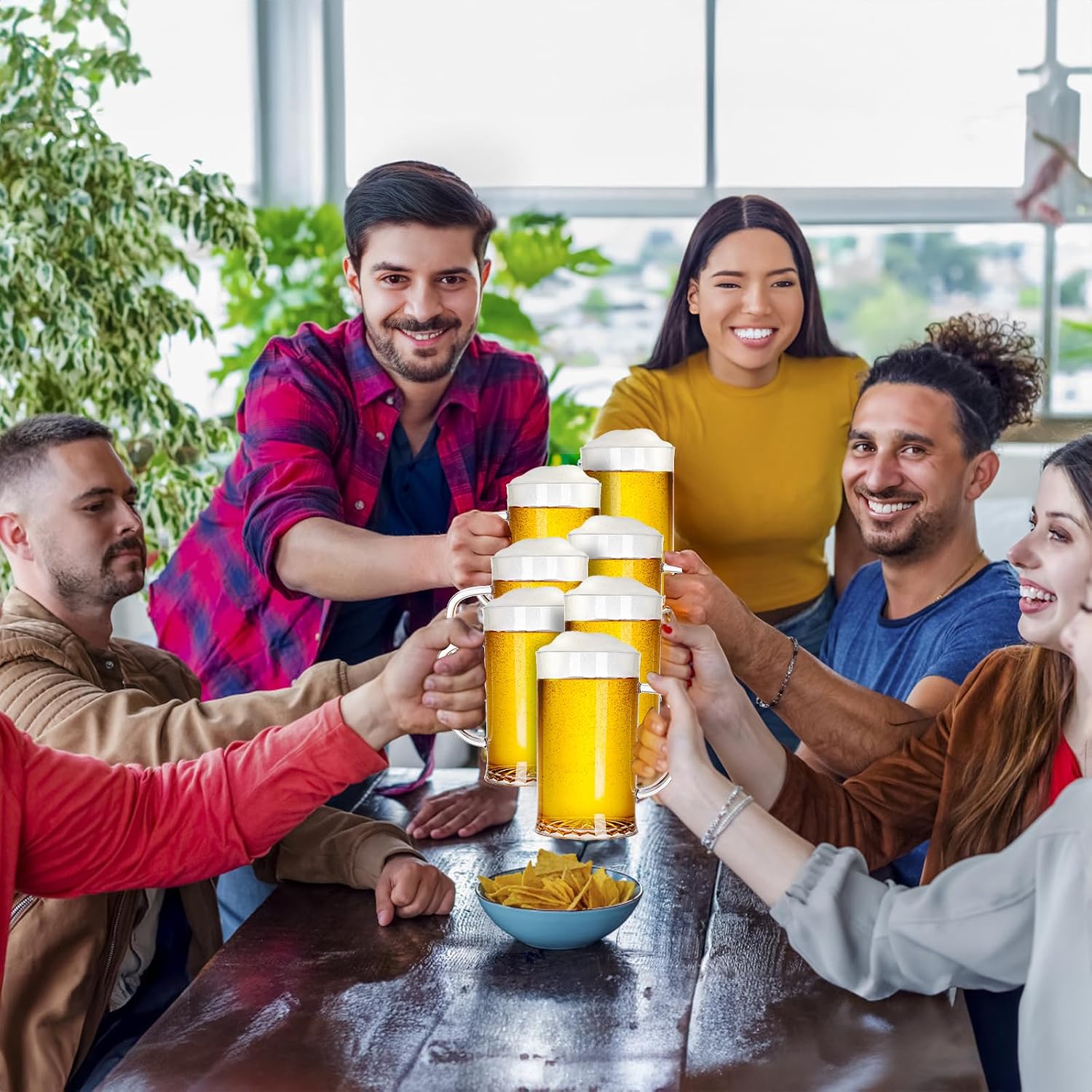 ZEAYEA Set of 6 Plastic Beer Mug, 16 oz Lightweight Clear Acrylic Drinking Cups with Handle, Large Reusable Beer Stein Glasses for Party Bar Home Hotel Whiskey Juice Cocktail Beverages