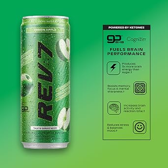 REV7 Anti-Tired Drink! Caffeine Free, Zero Sugar, Powered by goBHB, Ketones, Green Apple - 12ct