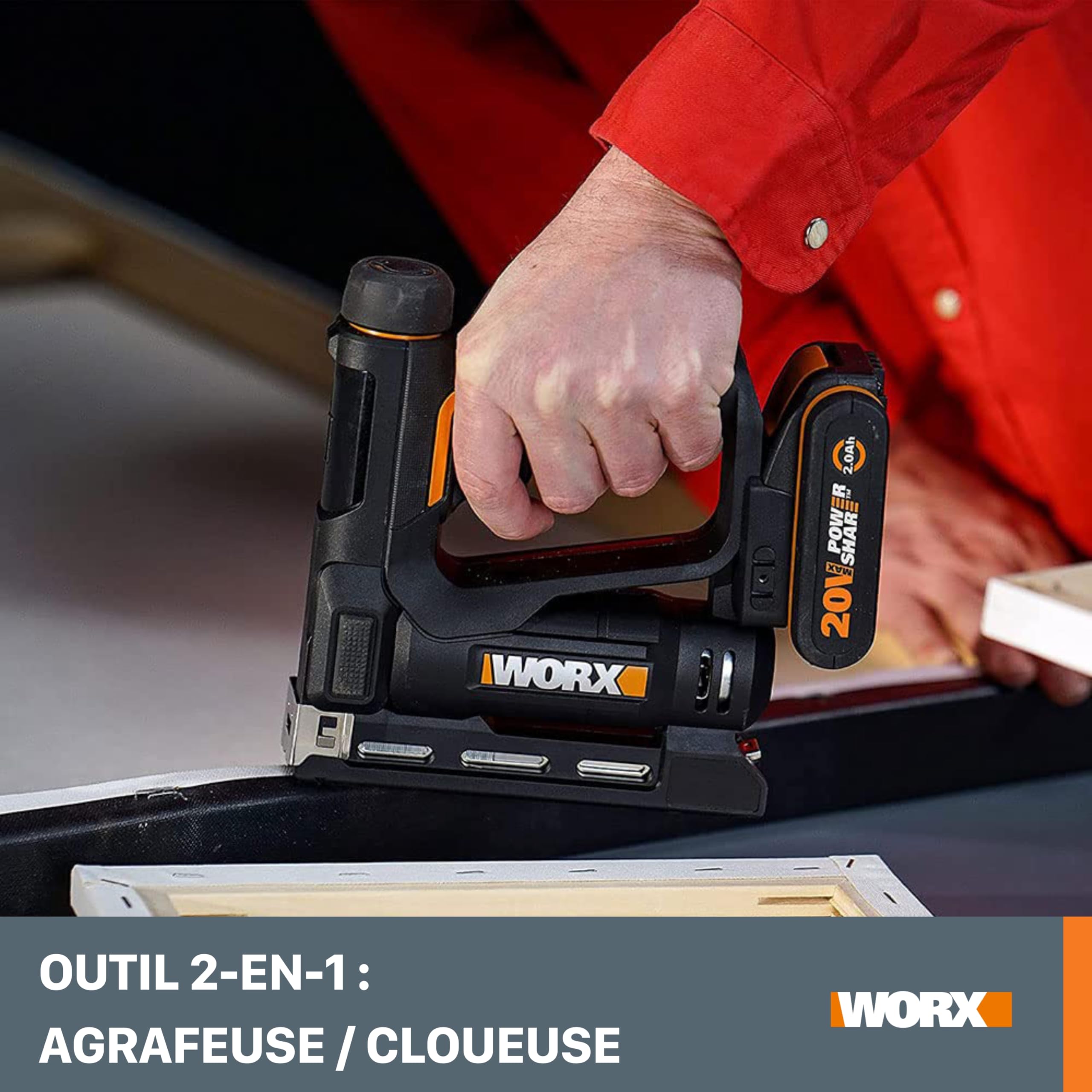 WORX Agrafeuse et Cloueuse de Finition sans Fil 20V WX843, 2 en 1, Jusqu'à 60 Clous/min, Réglage de la Pronfondeur Sans Outil, Livrée avec Batterie, Chargeur, 500 Clous et 500 Agrafes
