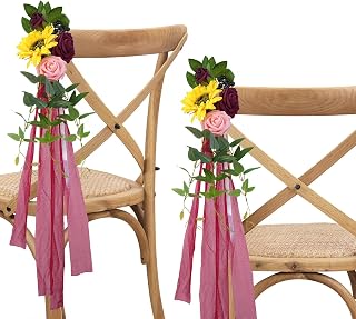 6PCS Wedding Aisle Decorations Faux Sunflower Rose Pew Flowers Wedding Ceremony Reception Church Chair Decor with Chiffon Ribbons, Chair Back Floral Decor