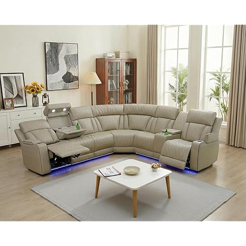 Power Reclining Sectional Sofa Breathing Leather Sectional Couch 6 Seats L Shaped Recliner Couch with LED Lights, USB Ports, 6 Cup Holders and Storage for Living Room (Beige)